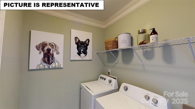 124 S Shayna Rd, Troutman, NC 28166 - laundry area featuring ornamental molding and washing machine and dryer