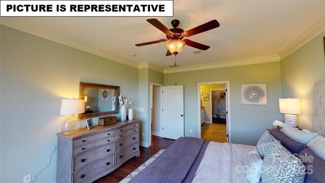 124 S Shayna Rd, Troutman, NC 28166 - bedroom with dark wood finished floors, ornamental molding, baseboards, ensuite bathroom, and a ceiling fan