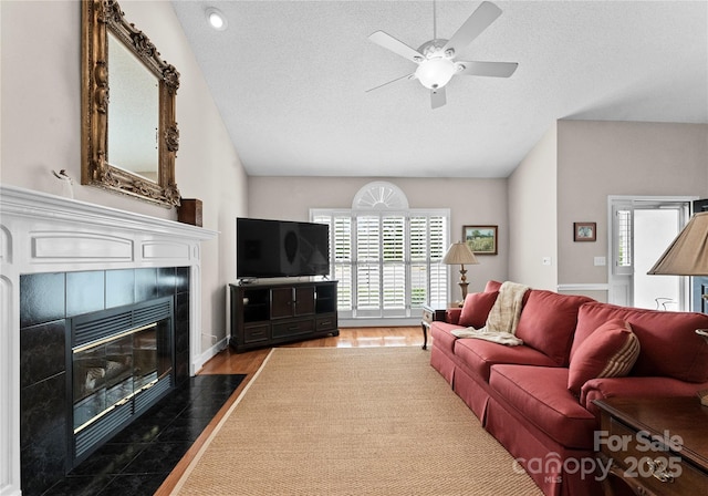 4101 Fairway Downs Ct Unit 9, Charlotte, NC 28277 - living area with a fireplace, ceiling fan, plenty of natural light, a textured ceiling, and lofted ceiling