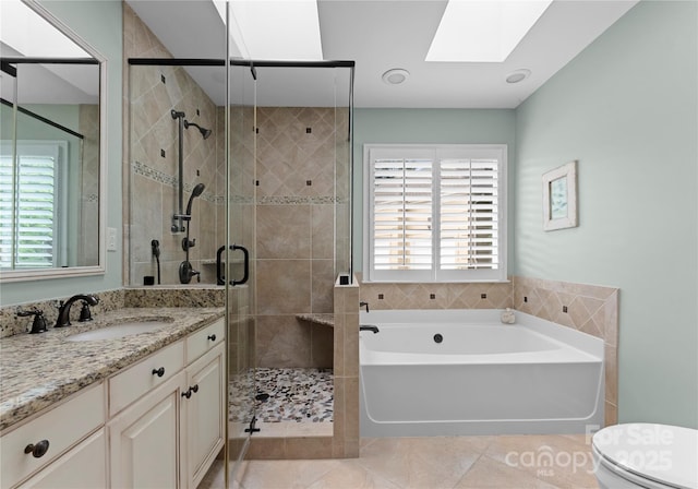 4101 Fairway Downs Ct Unit 9, Charlotte, NC 28277 - full bath with a skylight, a garden tub, vanity, a shower stall, and toilet
