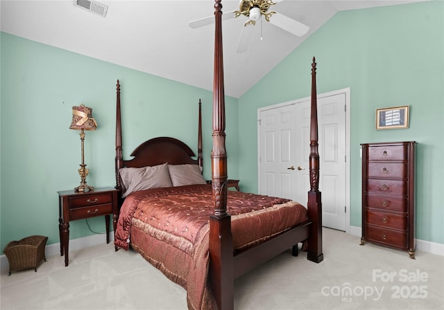 4101 Fairway Downs Ct Unit 9, Charlotte, NC 28277 - bedroom with light carpet, lofted ceiling, baseboards, and a ceiling fan