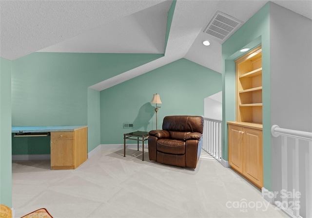4101 Fairway Downs Ct Unit 9, Charlotte, NC 28277 - living area featuring light colored carpet, built in features, vaulted ceiling, recessed lighting, and baseboards
