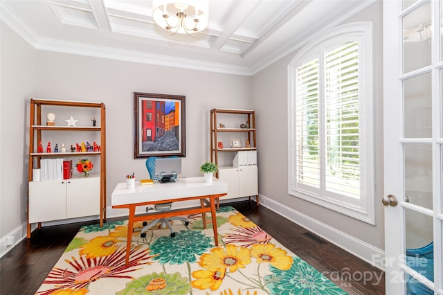 324 Squash Harvest Ct, Matthews, NC 28104 - office featuring coffered ceiling, dark wood-style flooring, ornamental molding, plenty of natural light, and beamed ceiling