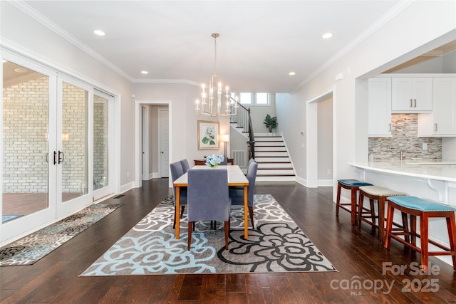 324 Squash Harvest Ct, Matthews, NC 28104 - dining room with stairway, a chandelier, dark wood-style flooring, recessed lighting, and baseboards