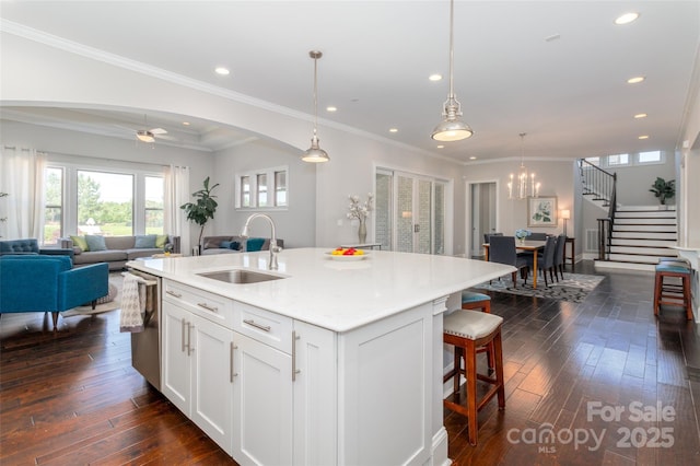 324 Squash Harvest Ct, Matthews, NC 28104 - kitchen featuring a sink, dark wood-type flooring, white cabinetry, open floor plan, and stainless steel dishwasher