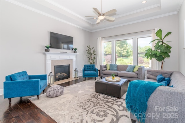 324 Squash Harvest Ct, Matthews, NC 28104 - living area featuring hardwood / wood-style flooring, a tray ceiling, ceiling fan, a premium fireplace, and ornamental molding