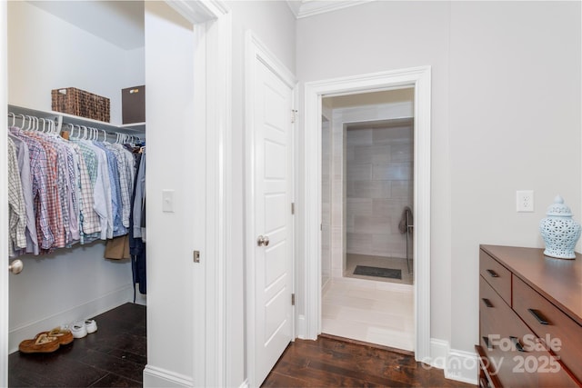 324 Squash Harvest Ct, Matthews, NC 28104 - hall with dark wood-style flooring, ornamental molding, and baseboards
