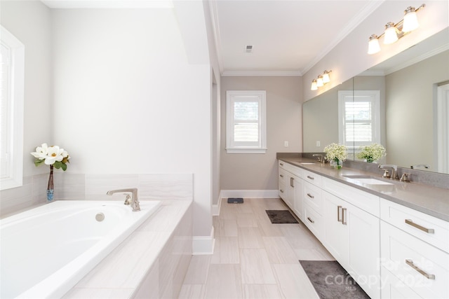 324 Squash Harvest Ct, Matthews, NC 28104 - bathroom featuring double vanity, a bath, crown molding, and baseboards
