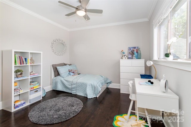 324 Squash Harvest Ct, Matthews, NC 28104 - bedroom with dark wood finished floors, crown molding, baseboards, an office area, and ceiling fan