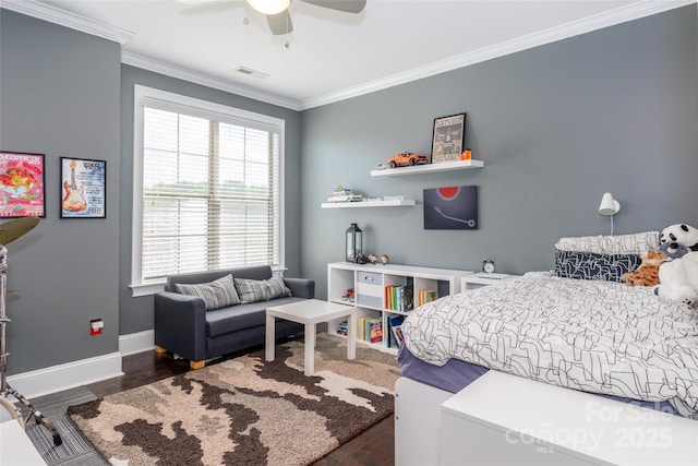 324 Squash Harvest Ct, Matthews, NC 28104 - bedroom with ornamental molding, baseboards, wood finished floors, and a ceiling fan
