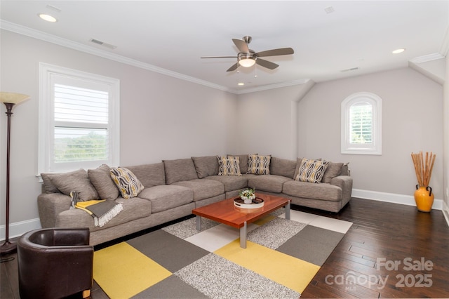 324 Squash Harvest Ct, Matthews, NC 28104 - living area featuring a ceiling fan, wood-type flooring, baseboards, crown molding, and recessed lighting