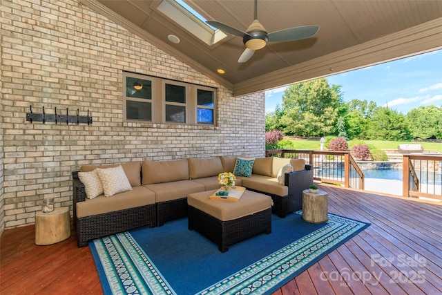 324 Squash Harvest Ct, Matthews, NC 28104 - wooden deck featuring an outdoor hangout area, an outdoor pool, and a ceiling fan