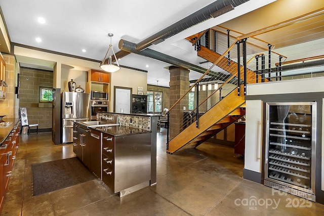 14701 Cabarrus Rd, Mint Hill, NC 28227 - kitchen featuring appliances with stainless steel finishes, dark countertops, finished concrete floors, a kitchen island, and recessed lighting