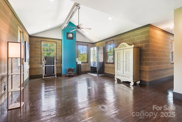 14701 Cabarrus Rd, Mint Hill, NC 28227 - foyer entrance with a wood stove, wood finished floors, and ceiling fan