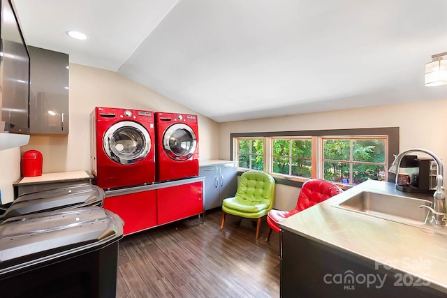 14701 Cabarrus Rd, Mint Hill, NC 28227 - laundry area with cabinet space, independent washer and dryer, dark wood-style floors, and recessed lighting