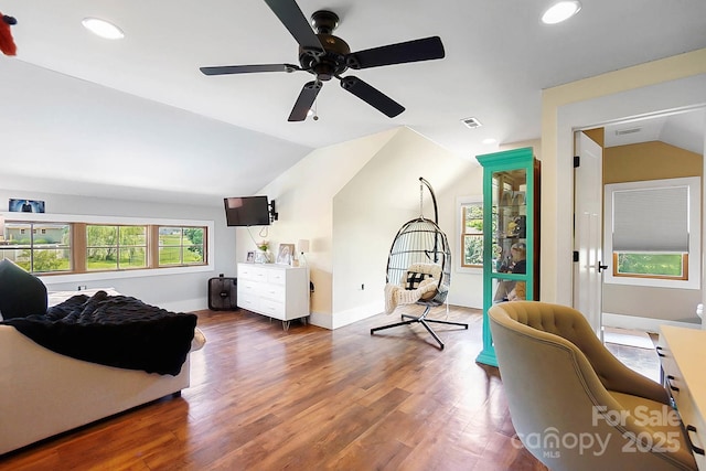 14701 Cabarrus Rd, Mint Hill, NC 28227 - living room featuring lofted ceiling, a ceiling fan, wood finished floors, recessed lighting, and baseboards