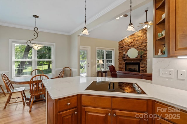 3124 17th Street Ln NE, Hickory, NC 28601 - kitchen with black electric stovetop, a stone fireplace, plenty of natural light, light wood-style flooring, and crown molding