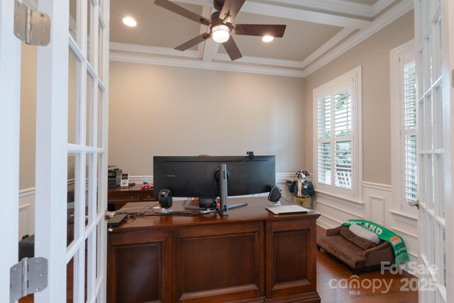 3666 Jacinta Ct, Tega Cay, SC 29708 - office area featuring a ceiling fan, french doors, ornamental molding, wainscoting, and a decorative wall