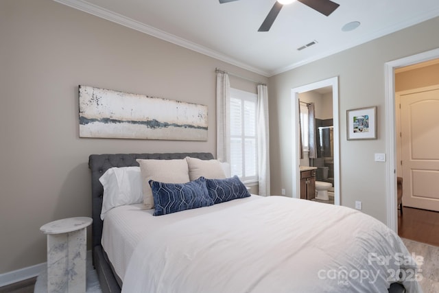 3666 Jacinta Ct, Tega Cay, SC 29708 - bedroom featuring crown molding, wood finished floors, baseboards, ensuite bathroom, and ceiling fan