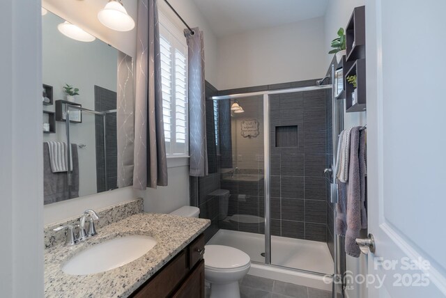 3666 Jacinta Ct, Tega Cay, SC 29708 - bathroom with toilet, a stall shower, vanity, and tile patterned floors