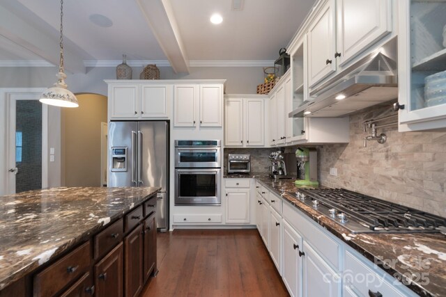 3666 Jacinta Ct, Tega Cay, SC 29708 - kitchen featuring stainless steel appliances, beam ceiling, white cabinetry, dark brown cabinets, and decorative backsplash