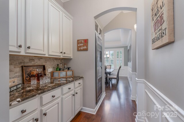3666 Jacinta Ct, Tega Cay, SC 29708 - indoor dry bar featuring arched walkways, dark wood-style floors, backsplash, and a tray ceiling