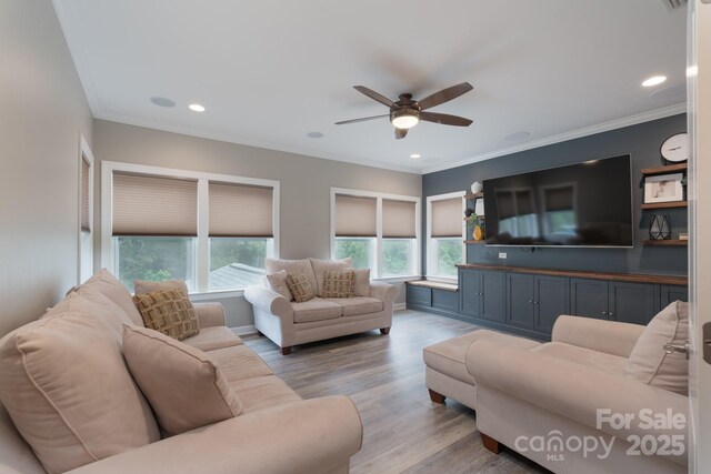 3666 Jacinta Ct, Tega Cay, SC 29708 - living area with a ceiling fan, wood finished floors, crown molding, and recessed lighting