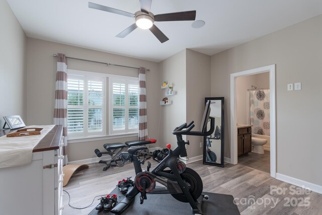 3666 Jacinta Ct, Tega Cay, SC 29708 - exercise area featuring light wood finished floors, ceiling fan, and baseboards