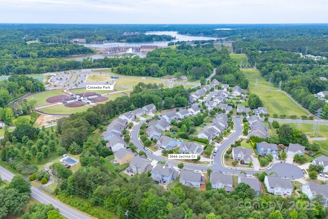 3666 Jacinta Ct, Tega Cay, SC 29708 - aerial overview of property's location with nearby suburban area and a nearby body of water