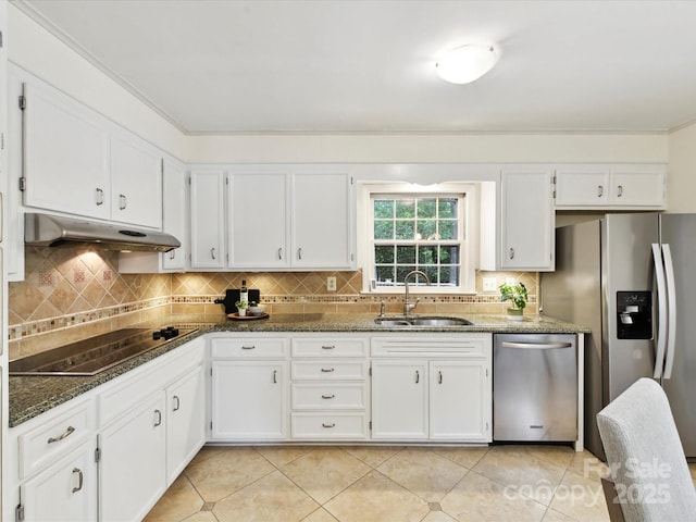 1049 Regency Dr, Charlotte, NC 28211 - kitchen featuring a sink, under cabinet range hood, stainless steel appliances, and white cabinetry