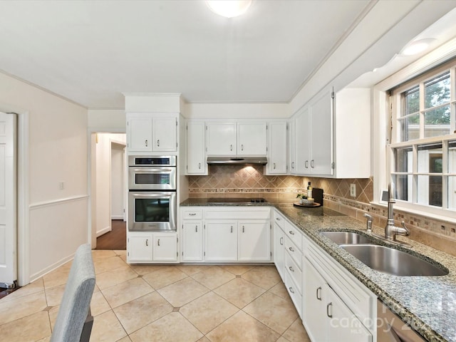 1049 Regency Dr, Charlotte, NC 28211 - kitchen with double oven, a sink, under cabinet range hood, decorative backsplash, and dark stone countertops