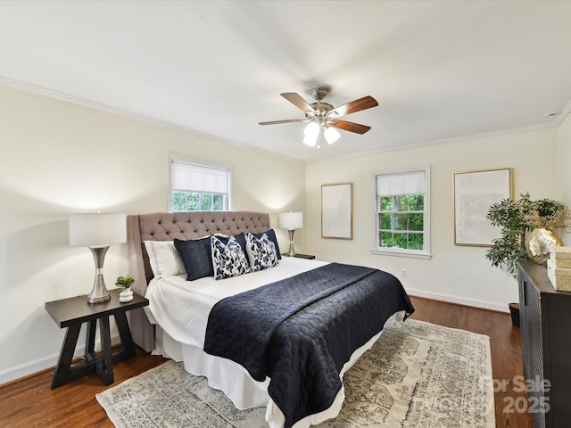 1049 Regency Dr, Charlotte, NC 28211 - bedroom with ornamental molding, wood finished floors, baseboards, and a ceiling fan
