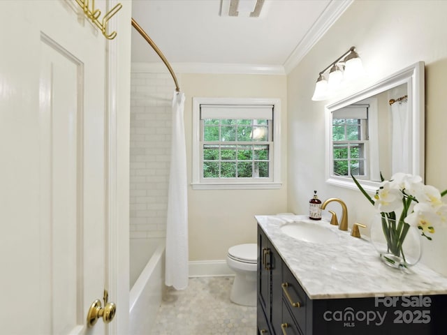 1049 Regency Dr, Charlotte, NC 28211 - bathroom with healthy amount of natural light, toilet, vanity, ornamental molding, and baseboards