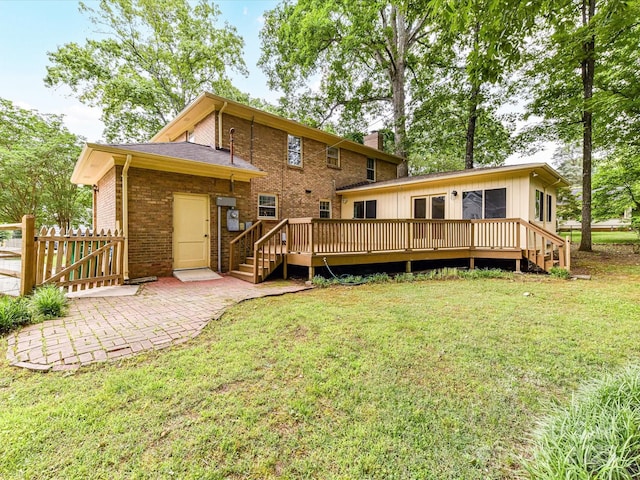 1049 Regency Dr, Charlotte, NC 28211 - back of property featuring a deck, a chimney, brick siding, and a patio area