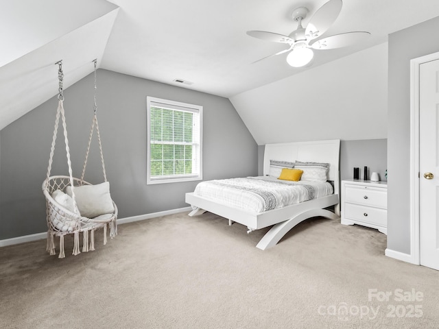 642 Bull Creek Rd, Mars Hill, NC 28754 - bedroom with lofted ceiling, light colored carpet, a ceiling fan, and baseboards