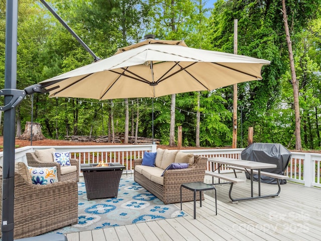 642 Bull Creek Rd, Mars Hill, NC 28754 - wooden terrace featuring an outdoor living space, grilling area, and view of scattered trees