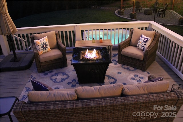 642 Bull Creek Rd, Mars Hill, NC 28754 - wooden terrace with an outdoor living space with a fire pit, a patio area, and a swimming pool