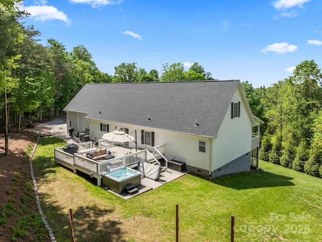 642 Bull Creek Rd, Mars Hill, NC 28754 - back of house with crawl space, a wooden deck, a shingled roof, a hot tub, and a lawn