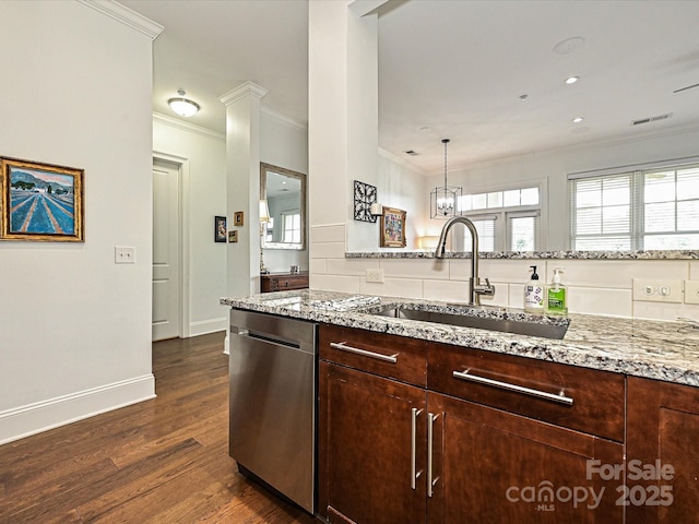 5425 Closeburn Rd, Charlotte, NC 28210 - kitchen featuring stainless steel dishwasher, a sink, ornamental molding, light stone countertops, and dark wood-type flooring