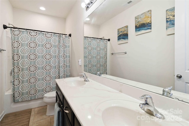 4935 Norman Park Pl, Clover, SC 29710 - bathroom featuring toilet, tile patterned floors, double vanity, shower / bathtub combination with curtain, and recessed lighting