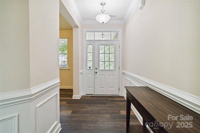 4935 Norman Park Pl, Clover, SC 29710 - foyer entrance with crown molding, a wainscoted wall, and dark wood-style floors