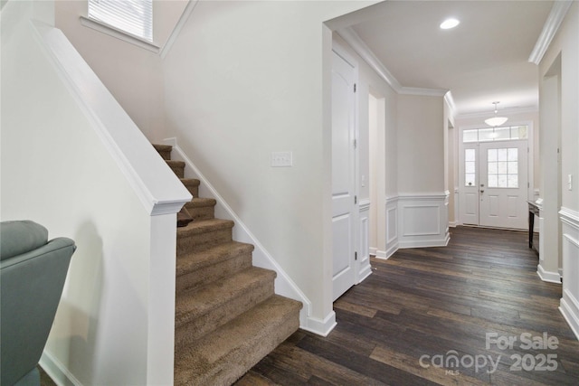 4935 Norman Park Pl, Clover, SC 29710 - entryway with dark wood-style floors, ornamental molding, stairs, and recessed lighting