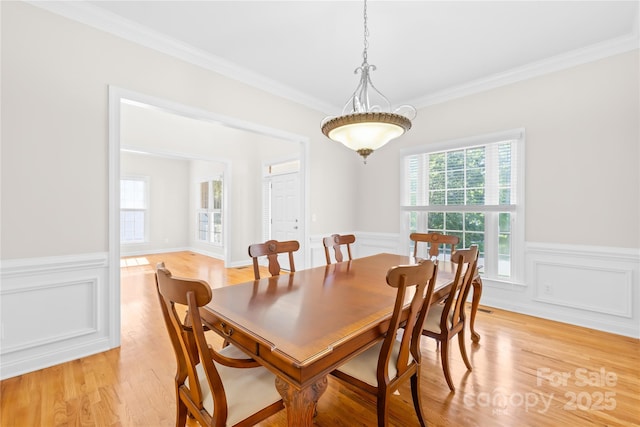 10024 Hazelview Dr, Charlotte, NC 28277 - dining space featuring crown molding, wainscoting, and light wood-type flooring