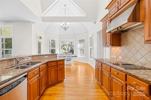 10024 Hazelview Dr, Charlotte, NC 28277 - kitchen with dishwasher, range hood, a sink, light wood-style floors, and black electric stovetop