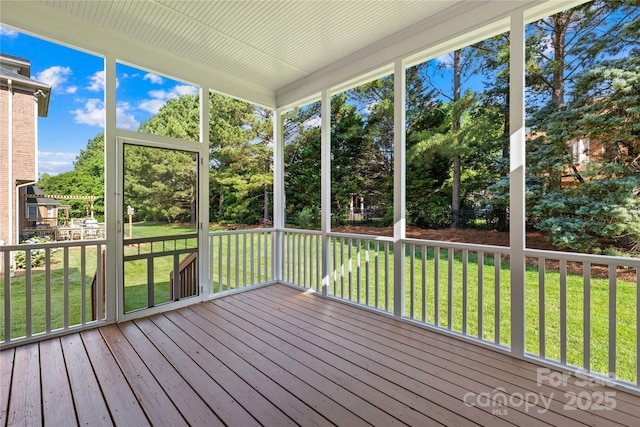 10024 Hazelview Dr, Charlotte, NC 28277 - unfurnished sunroom with view of wooded area