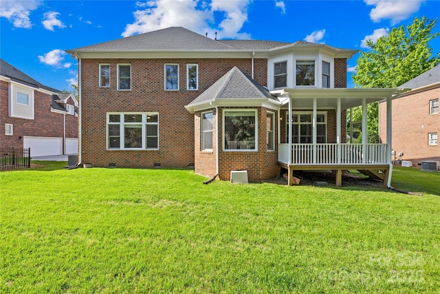10024 Hazelview Dr, Charlotte, NC 28277 - rear view of property with crawl space, brick siding, a yard, and central air condition unit