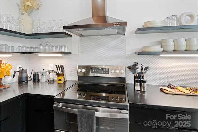 7 Big Rocky Top Dr, Weaverville, NC 28787 - kitchen with wall chimney range hood, stainless steel electric range, open shelves, and dark cabinetry