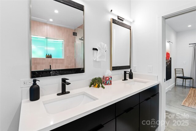 7 Big Rocky Top Dr, Weaverville, NC 28787 - full bath with concrete floors, double vanity, recessed lighting, and a shower