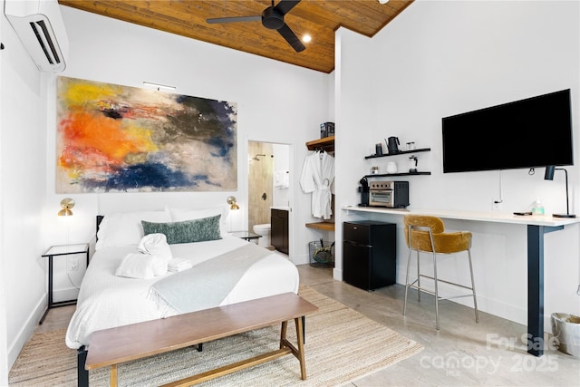 7 Big Rocky Top Dr, Weaverville, NC 28787 - bedroom featuring wood ceiling, an AC wall unit, high vaulted ceiling, and ensuite bath