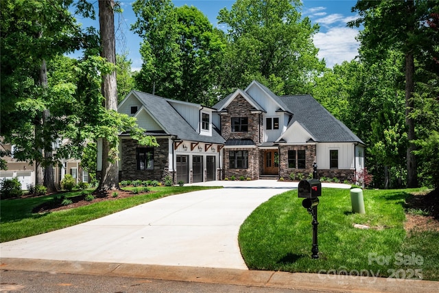 7703 Juniper Ln, Denver, NC 28037 - craftsman-style house with stone siding, driveway, a front lawn, a shingled roof, and board and batten siding